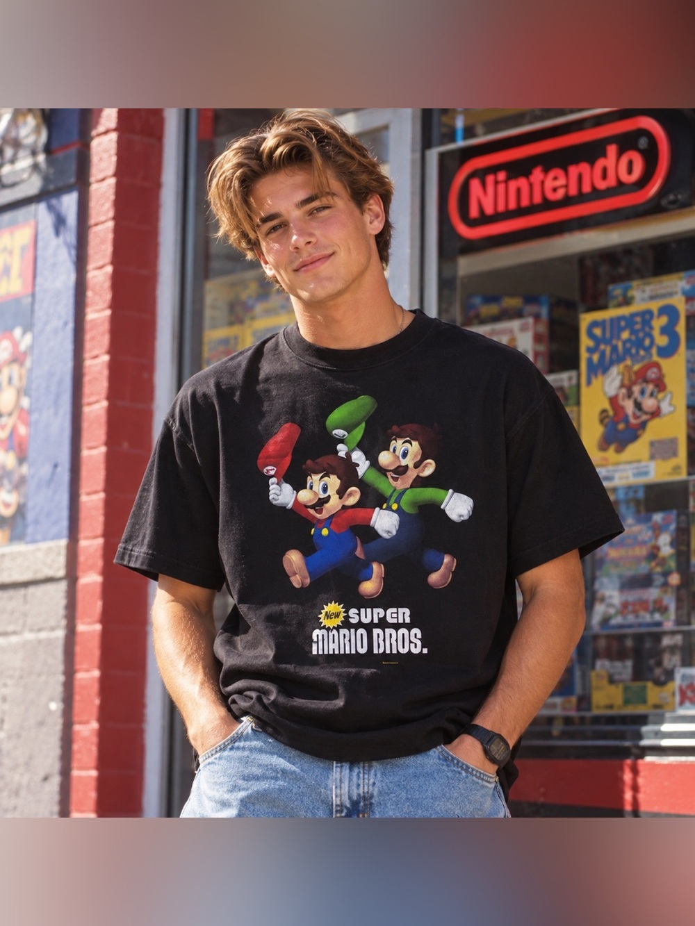 Vintage Super Mario Bros. Black Graphic Video Game T-Shirt